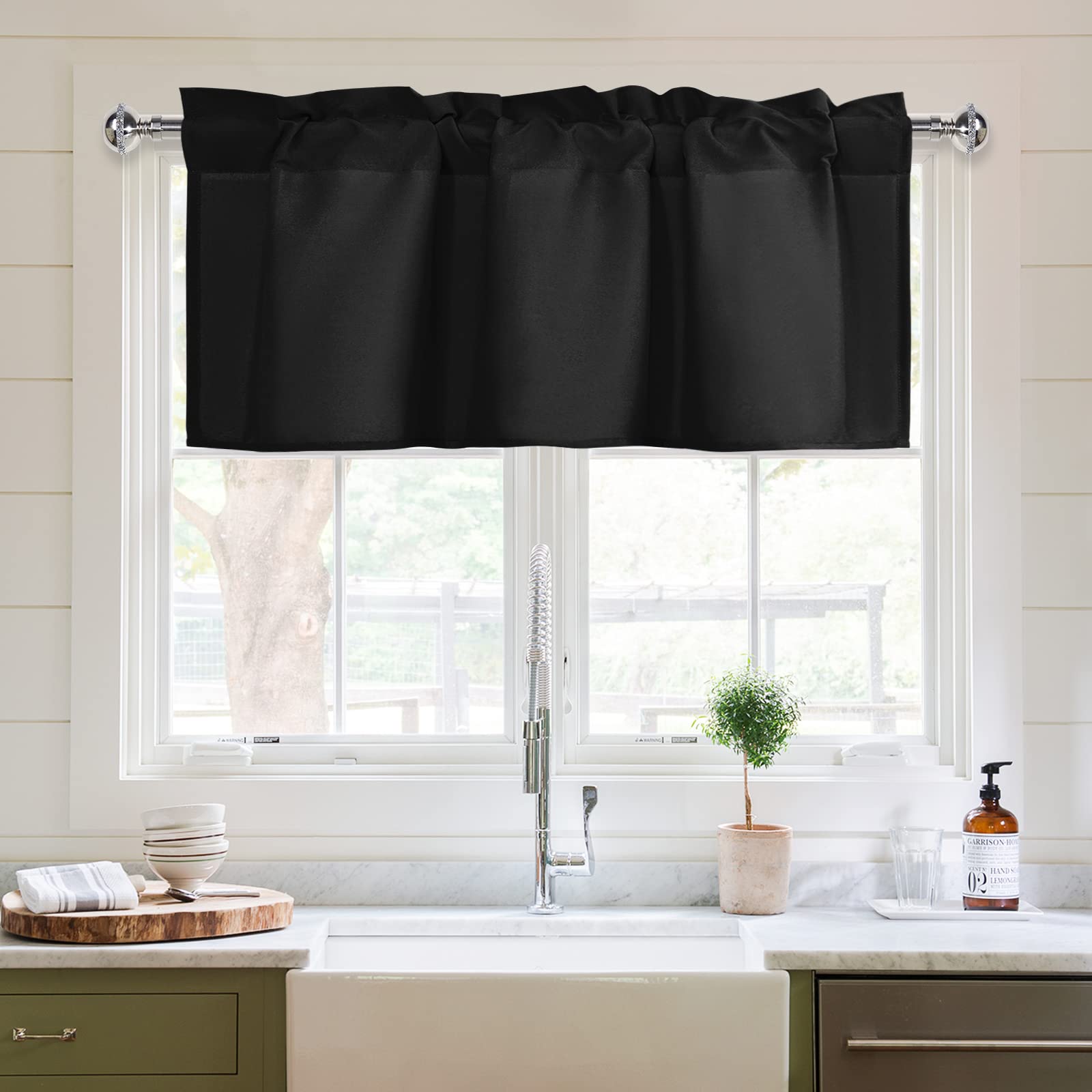 XWZO Kitchen Valances Curtains for Windows Living Room Bedroom Bathroom Toppers Farmhouse Style Rustic Dinning Room Blackout Thermal Insulated Rod Pocket, W42 x L12 Inch Length, Black, 1 Panel.