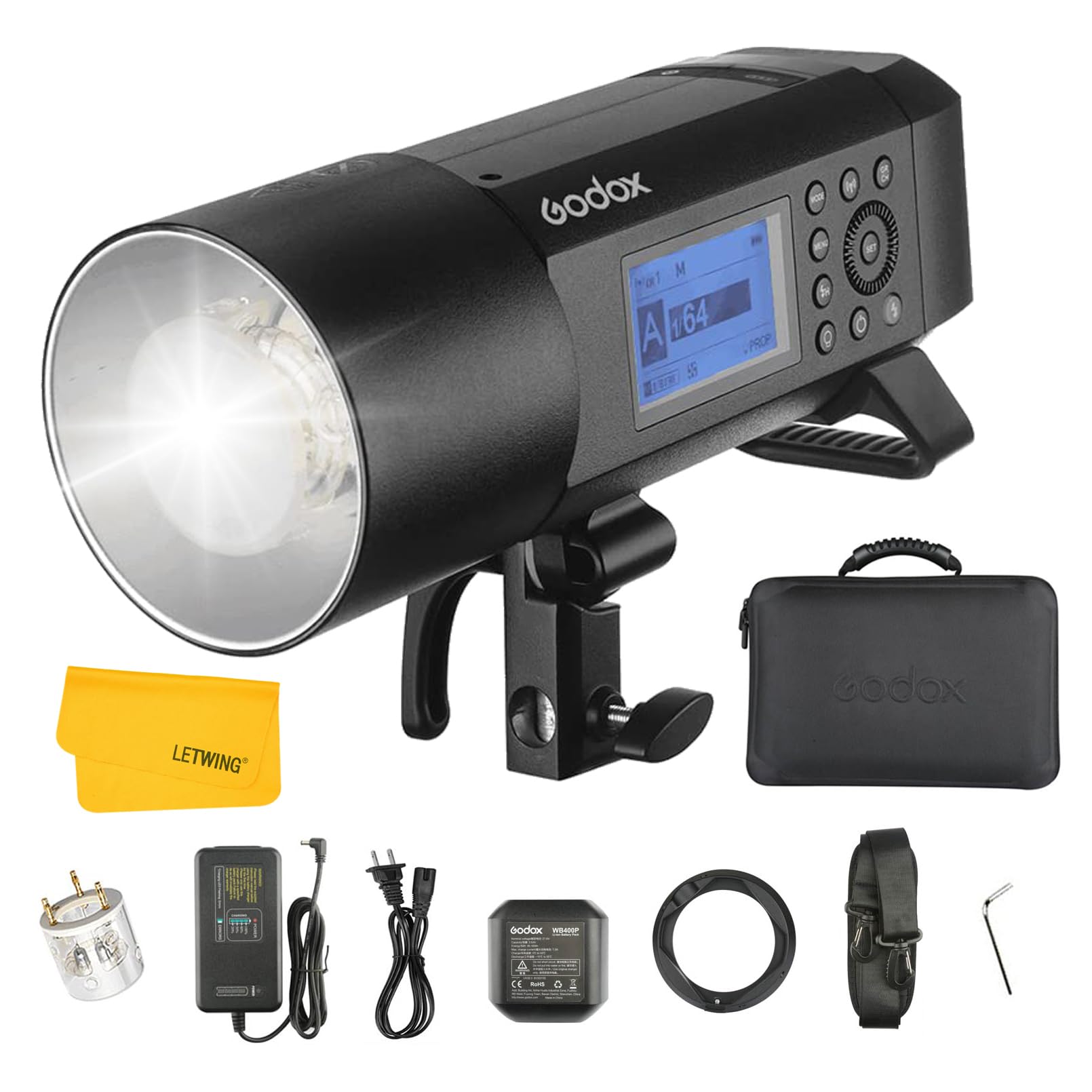 GODOX AD400 Pro AD400Pro Outdoor Flash Strobe Light, TTL 400W Portable Strobe 1/8000s HSS Flash Monolight, 390 Full Power Pops, 0.01-1s Recycle Time, Battery-Powered Outdoor Photography Lighting