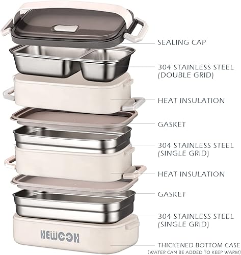 Miniatura 10 de HEWOOH Lonchera Bento de 47.3 fl oz para adultos, diseño de dos capas, apta para microondas y lavavajillas, resistente y desmontable (doble capa