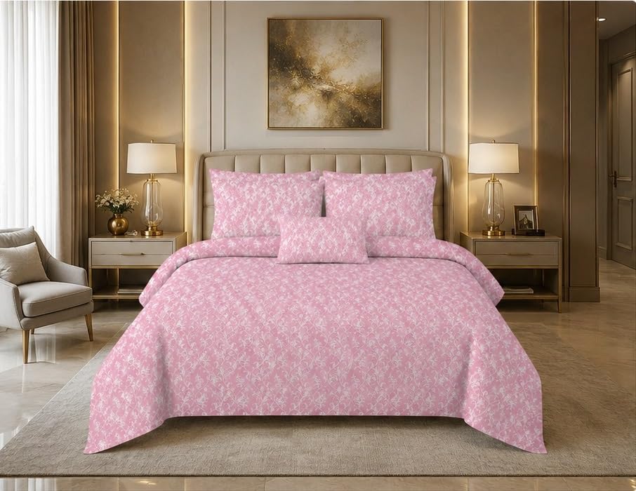 Image of Luxury Glace Cotton King Size Bedsheet with 2 Pillow Covers (108 x 108 Inch) | Soft & Breathable Fabric | Elegant Print Bed Sheet 3 Pc Bedding Set for Bedroom - Pink White Bail