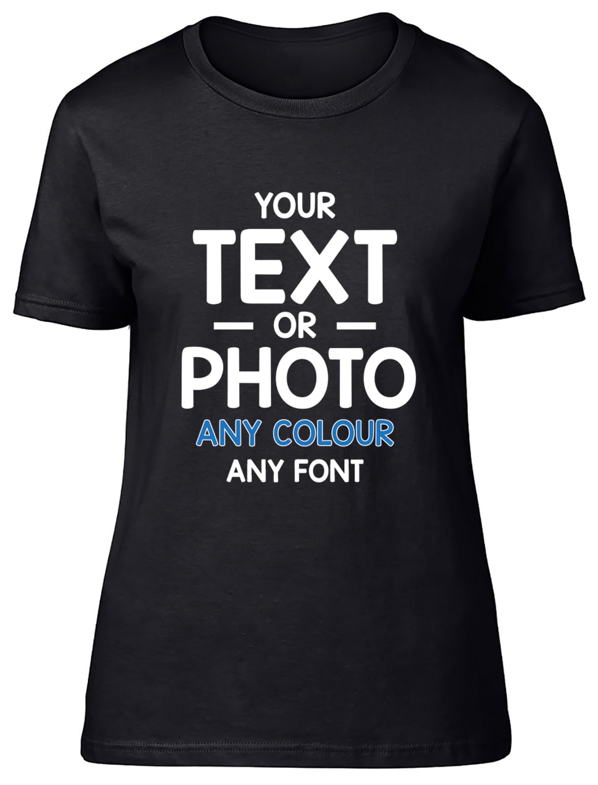 Shopagift Women's Black Personalised T-Shirt Any Text Photo Image Create Your Own Custom Gift