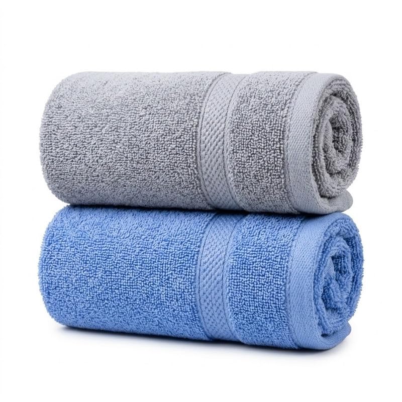 Image of TowelWala Premium Hand Towel 550 GSM Soft Absorbent Quick Dry (Grey /Blue) | Premium 550 GSM cotton with woven border-quick drying and perfect for bathroom, kitchen, gym, and travel.