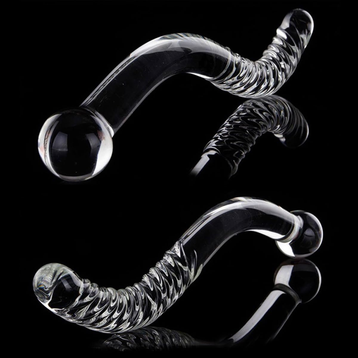 Consolador de Vidrio Curvado de Doble Extremo Transparente de 25,5 cm de Largo con Textura en Espiral y Glande de Cristal Estimulador del Punto G del Pene de Doble Cara - Juguete Sexual para Mujeres