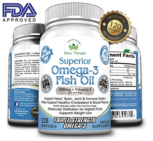 Omega 3 Fish Oil, 2000mg Supplement/w 600 DHA +800 EPA +Vitamin E, Best Essential Fatty Acids-120 Liquid/softgel Pills- Pure Triple Strength Pharmaceutical Grade, Sources from Deep Cold Alaska Water.