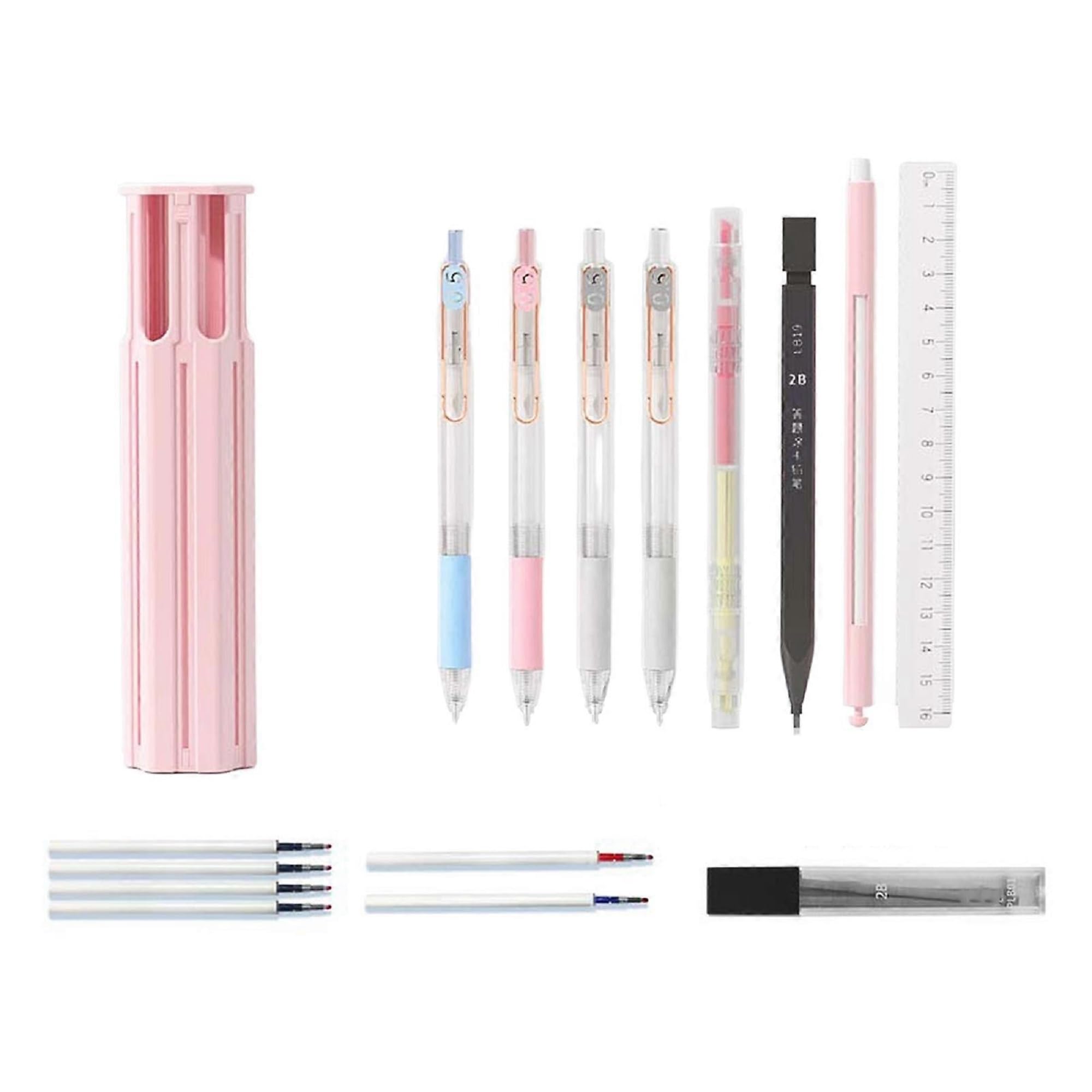 Hexagonal Pencil Box with Standing Pen Holder | Multi-Function Writing Case with Ruler, Gel Pens, Eraser & Refills | Ideal Gift for Boys, Girls, Students (Pink)-image-26