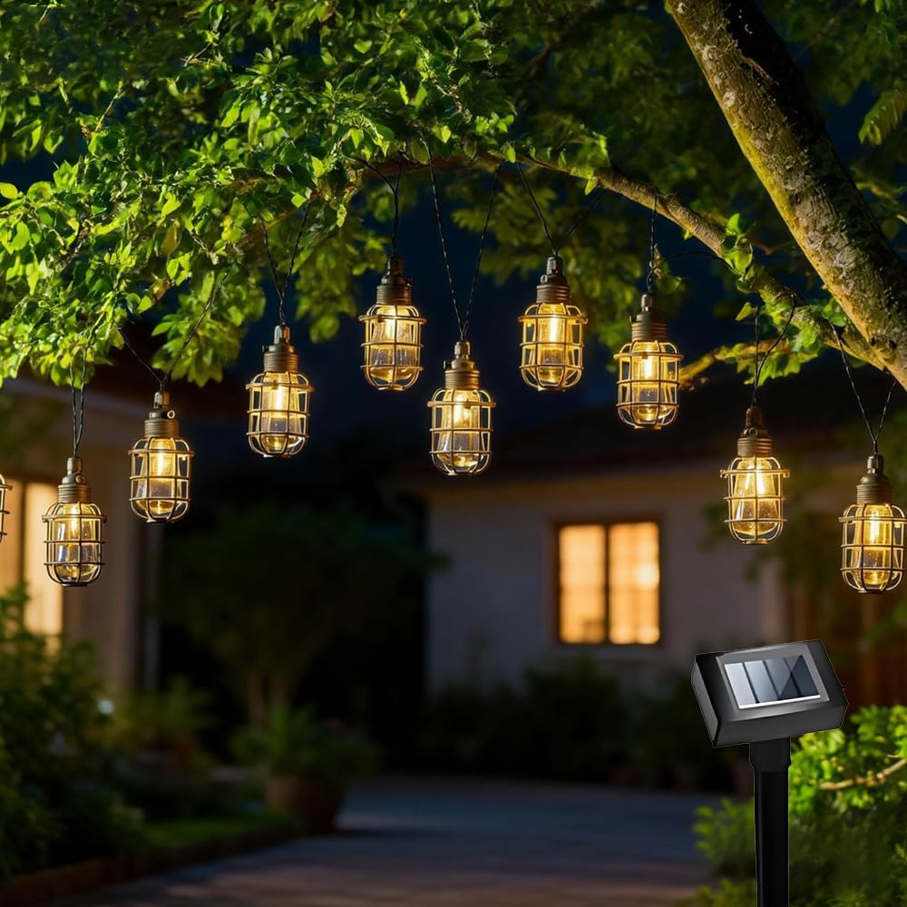 WRQIOO 10 Bulbs Solar String Lights, 4.4m Caged Solar String Lantern Lights Outdoor Garden, Waterproof STRI-ng Lantern Hanging Solar Lig-hts Outdoor Garden Warm White for Patio Lawn Yard Fence