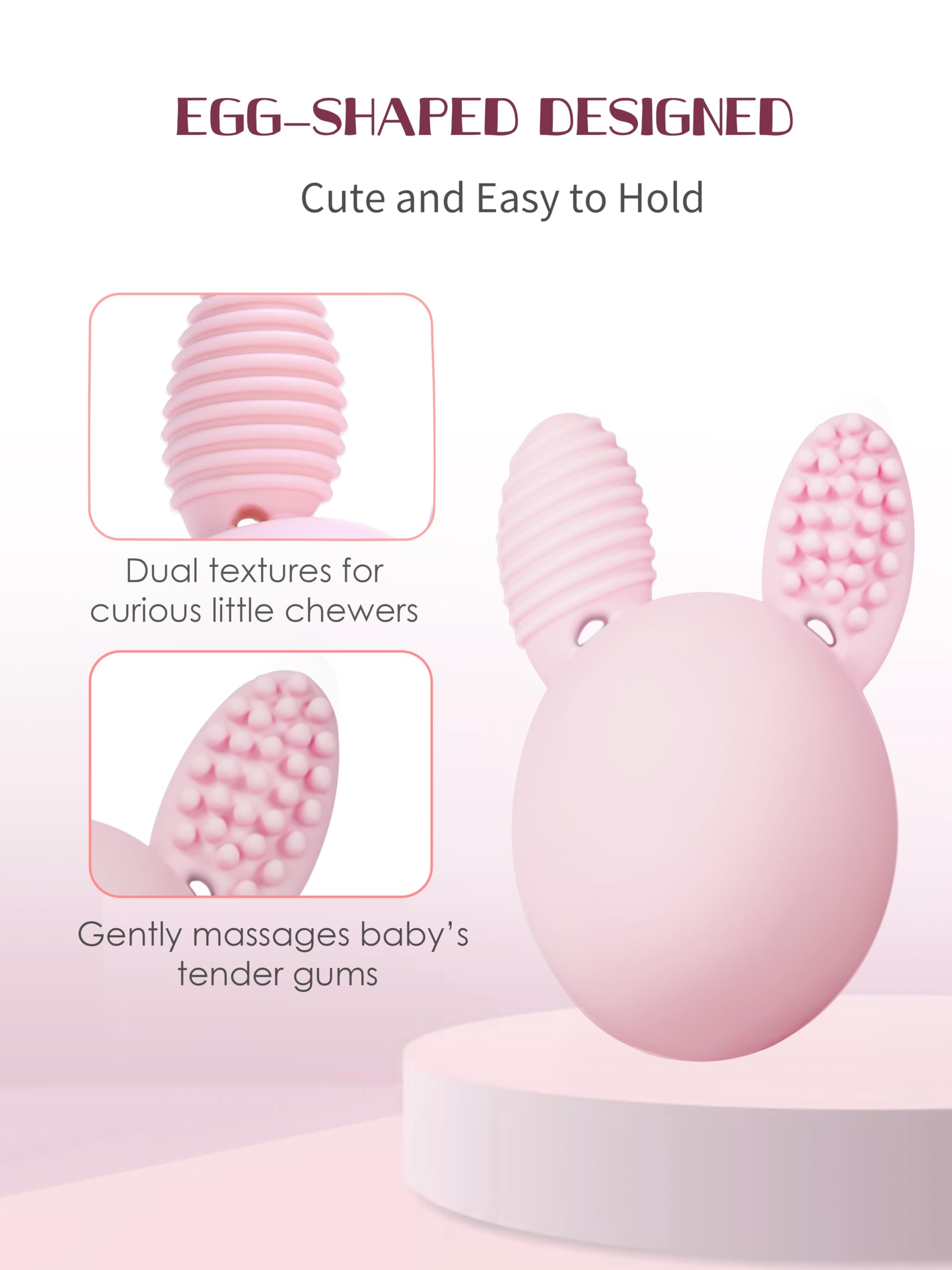 Bunny Eggy Teether Baby Teething Toy Rabbit Egg Rattle Toy Teething Pain Relief for Babies Boys Girls - Pink