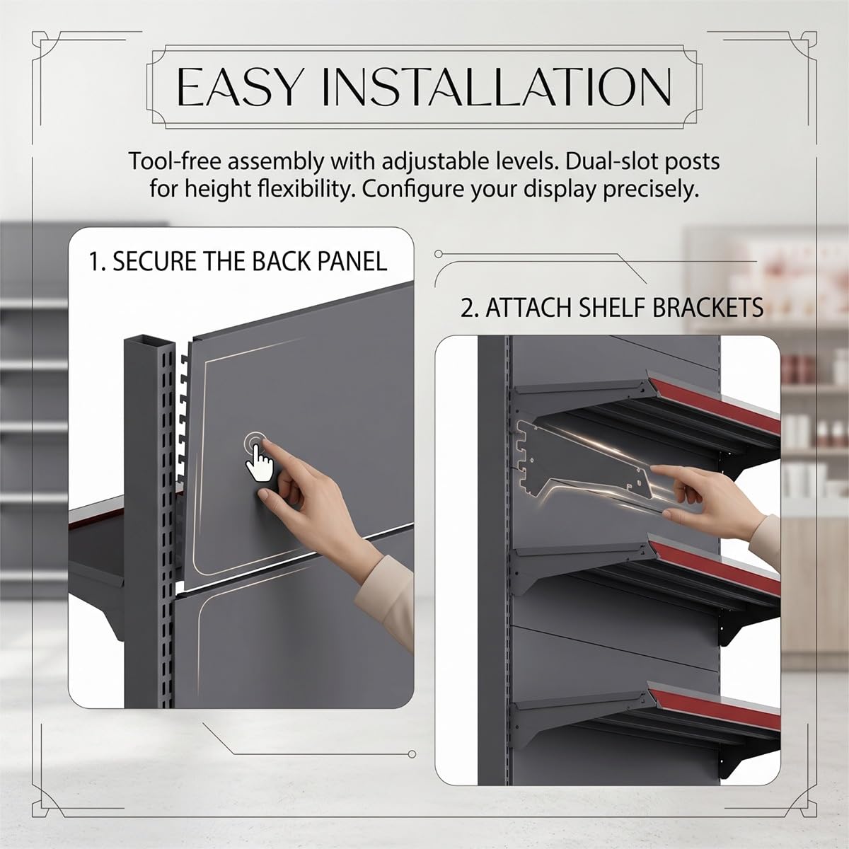 Einstellbares Gondelregal, Metall-Shop-Display-Rach, EIN- / doppeltseitig, 4/5-Stufe mit Seiten-Mesh, kaltgewalzter Stahl für Einzelhandelsgeschäft