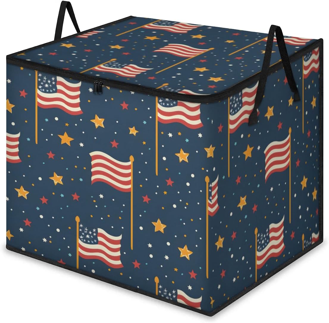 Honeybaby 214L Extra Large Comforter Storage Bag Patriotic Flag Stars Storage Totes with Lids Waterproof Closet Organizer Folding Blanket Storage Bags for Clothes Bedding Pillows