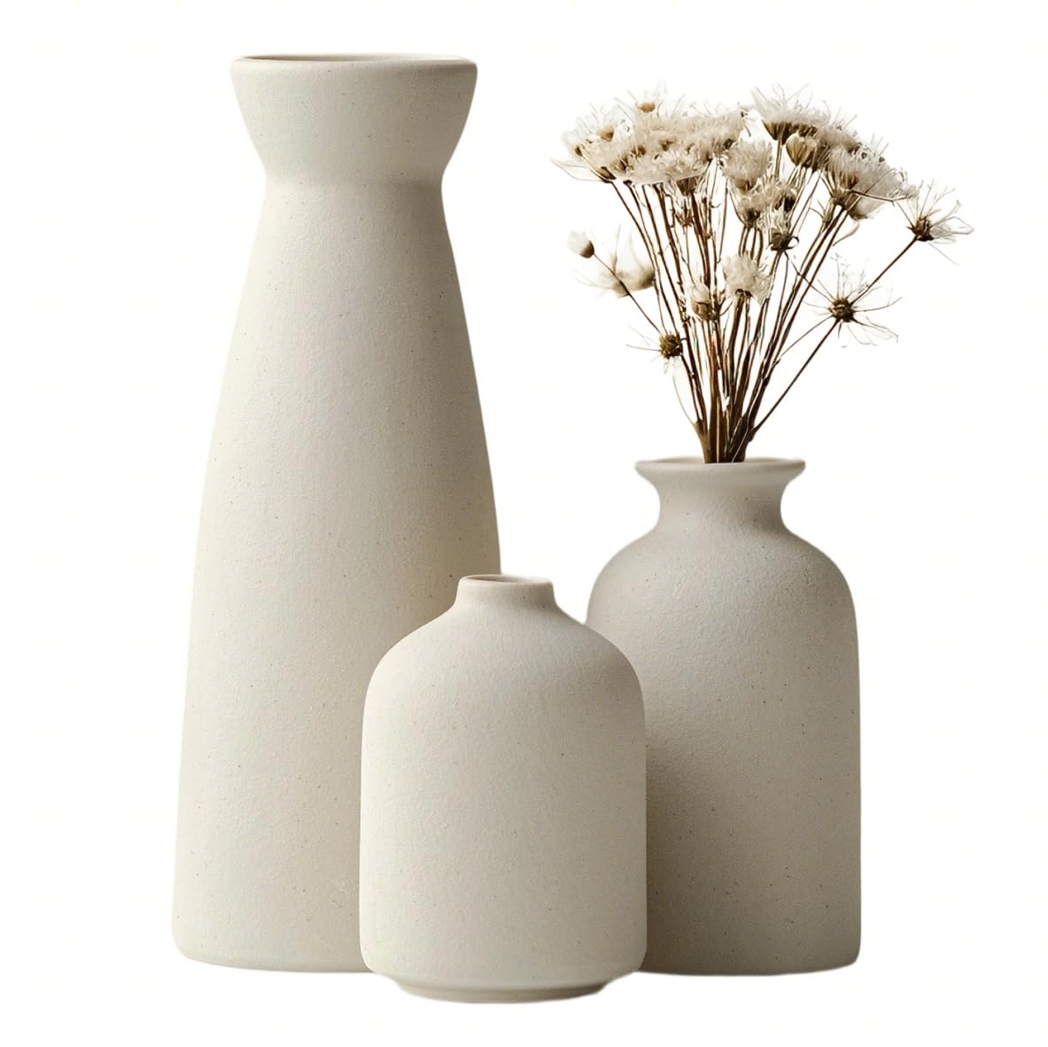 Distressed Ceramic Vase Set of 3, Modern Bohemian Farmhouse Home Decor, Pampas Grass Dried Flowers Vases for Living Room, Dining Room, Bedroom, Kitchen, Bathroom, Office, Entryway (Beige)