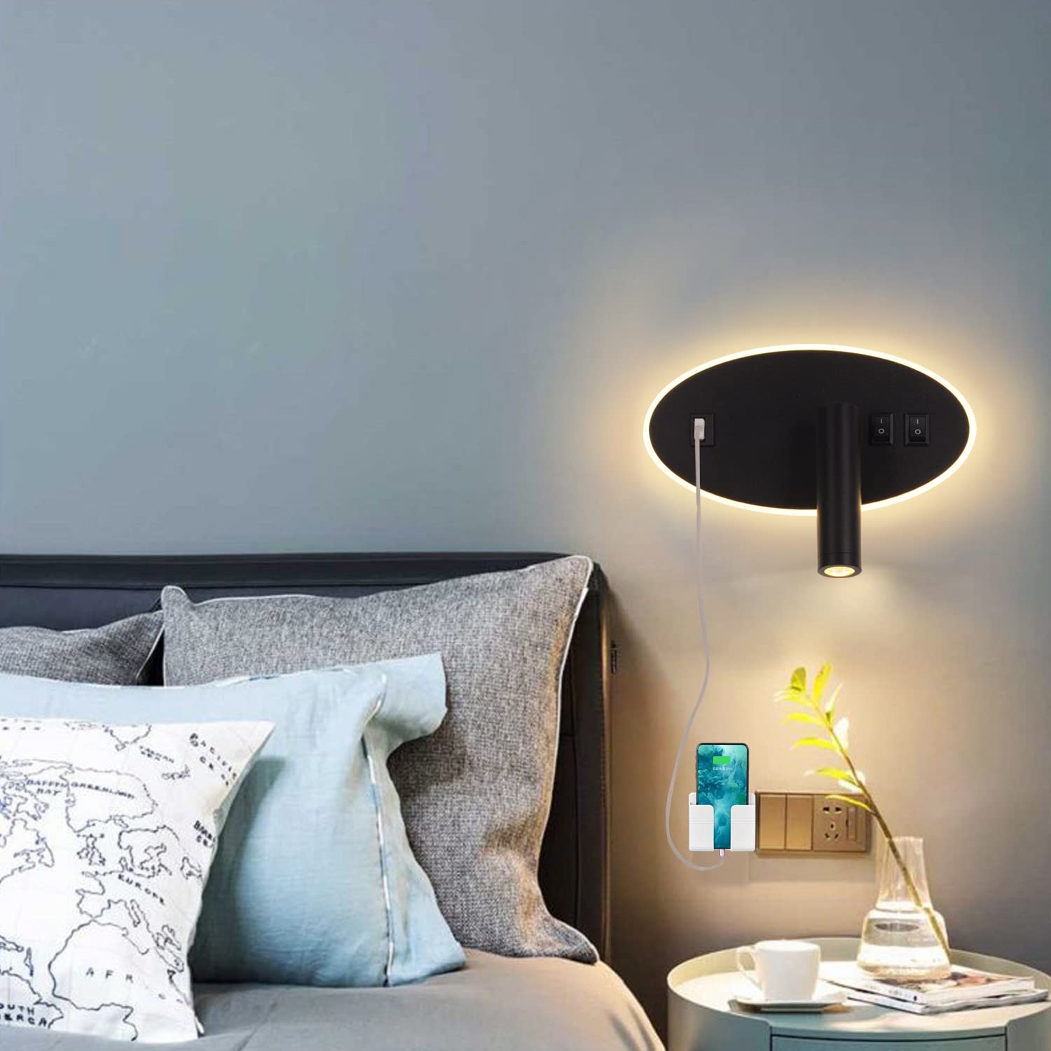 Applique da comodino orientabile Porta di Ricarica USB Lampada da Parete camera da letto Faretto da camera da letto luce per la lettura LED (3W + 9W 3000k)
