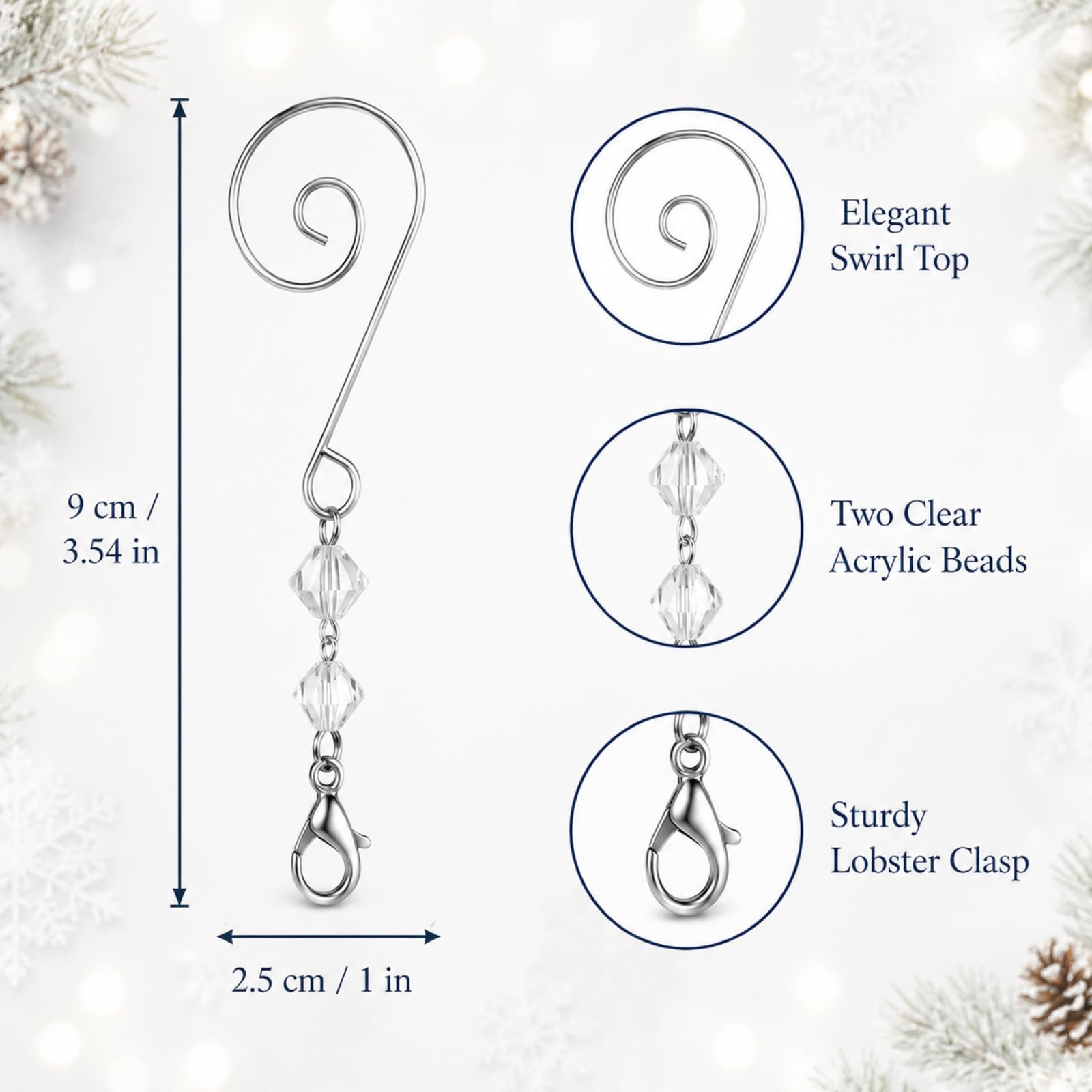 Bucherry 200 ganchos para adornos de árbol, ganchos decorativos de alambre acrílico transparente en forma de S con garras de langosta para colgar, alambre de metal, remolino de cristal para