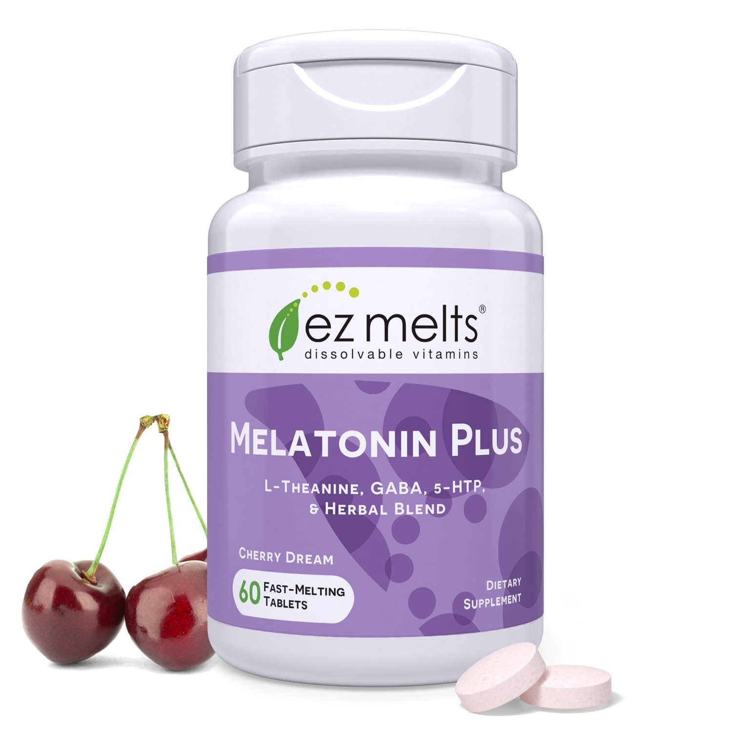 EZ Melts Melatonin Plus - Calming & Sleep Support Supplement with Lemon Balm Extract & Passion Flower - Non-GMO & Vegan - Cherry Dream - 60 Dissolvable Tablets (60 Servings)