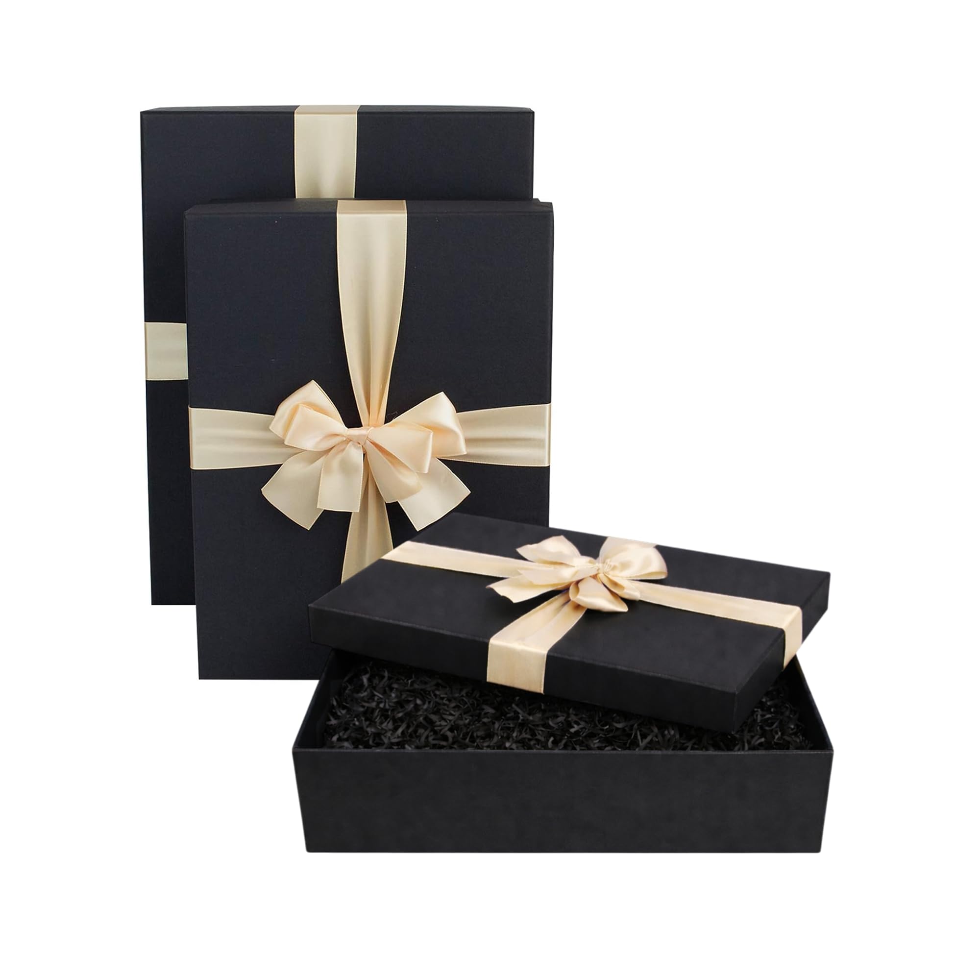 Emartbuy Set di 3 scatole regalo in carta nera e nera, misura grande, media, piccola | Scatola regalo rigida in cartone di lusso con nastro, confezione premium per cesti, compleanni, matrimoni, regali aziendali