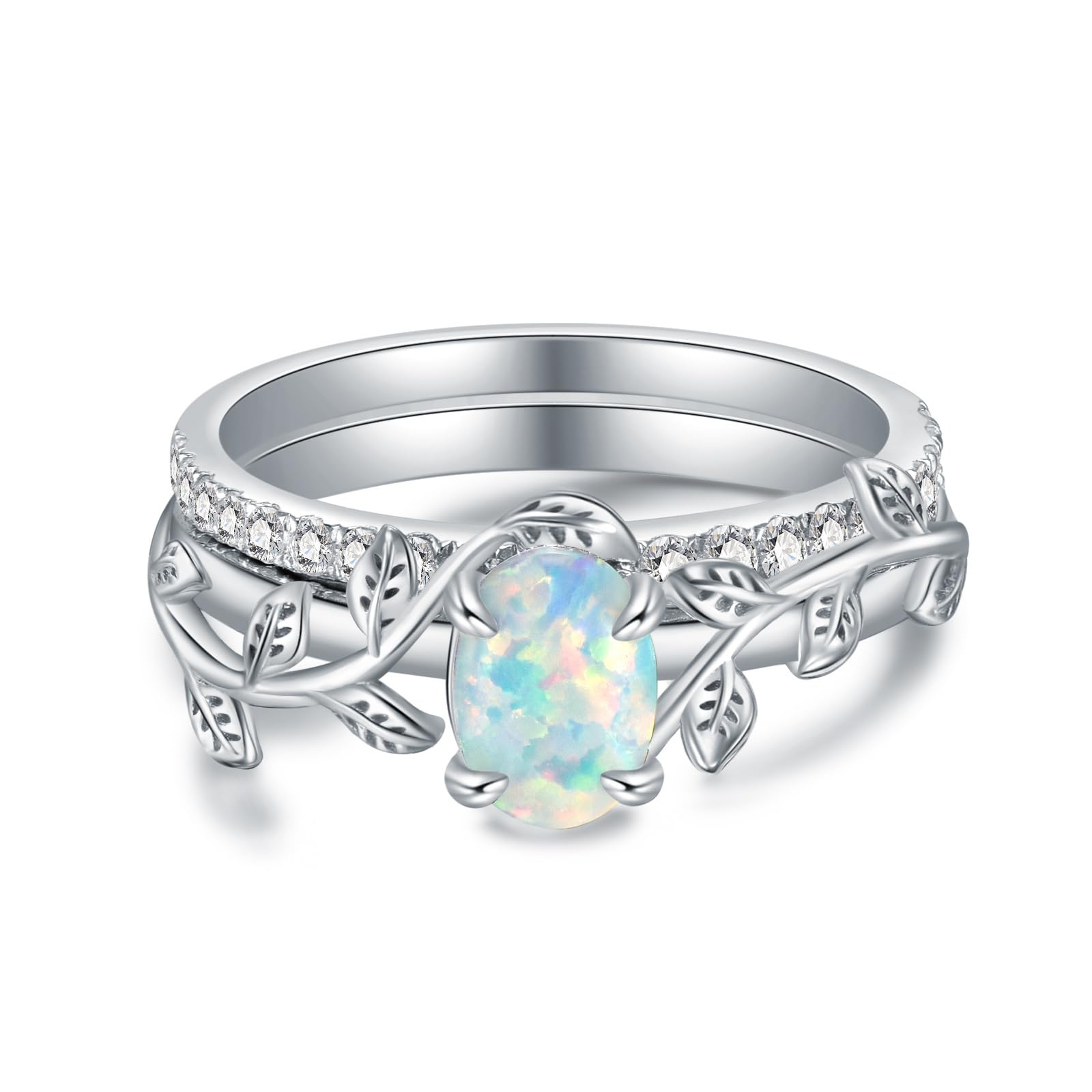 MOTIEL Genuine Opal Engagement Ring for Women,1ct Leaf Oval Opal Ring Set in 925 Sterling Silver with Cubic Zirconia Wedding Valentine's Day Dainty