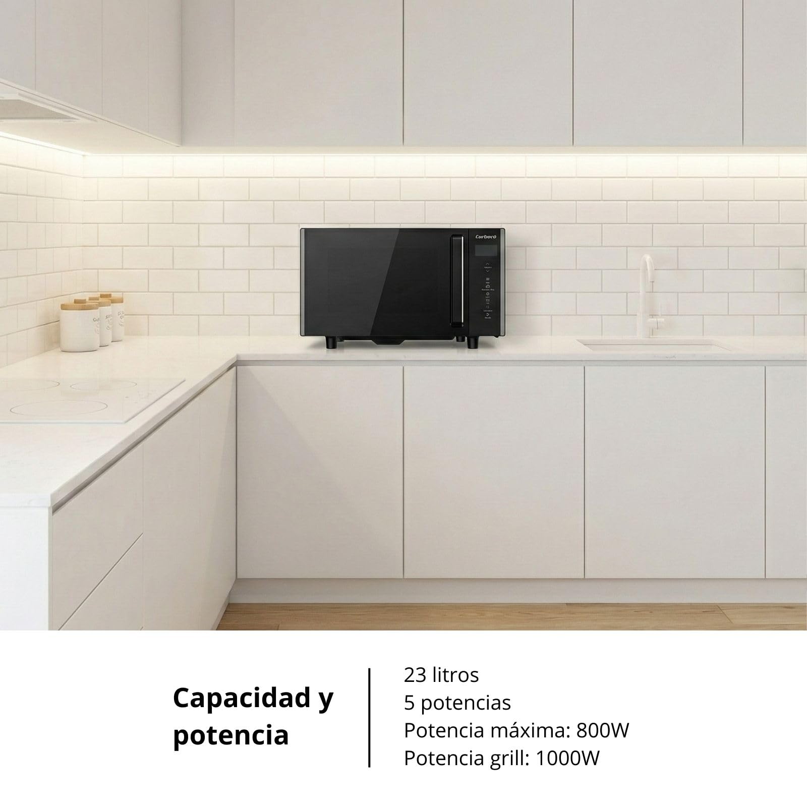 Corberó – Microonde senza piatto girevole con griglia | CMICW8023DF | 23L | 800W | Auto Menu | 5 Livelli di Potenza | Digital Touch | Funzione Sbrinamento | Pizza | Nero