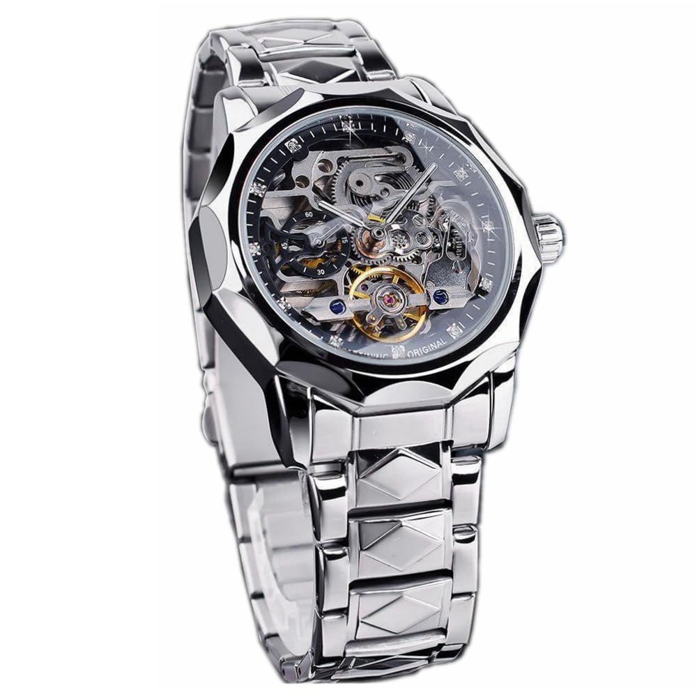Reloj mecánico de lujo con esfera de esqueleto para hombre, reloj de pulsera Tourbillon automático con diseño de diamantes