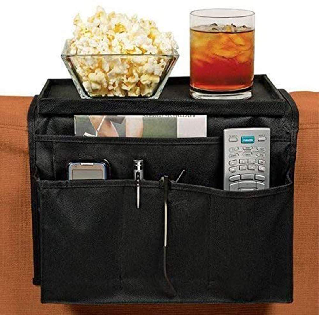 Organizador de reposabrazos con bandeja para tazas, sofá Caddy TV, soporte de almacenamiento teléfono móvil, tabletas, revistas, libros, gafas, cables, bebederos, aperitivos, bolsa de soporte