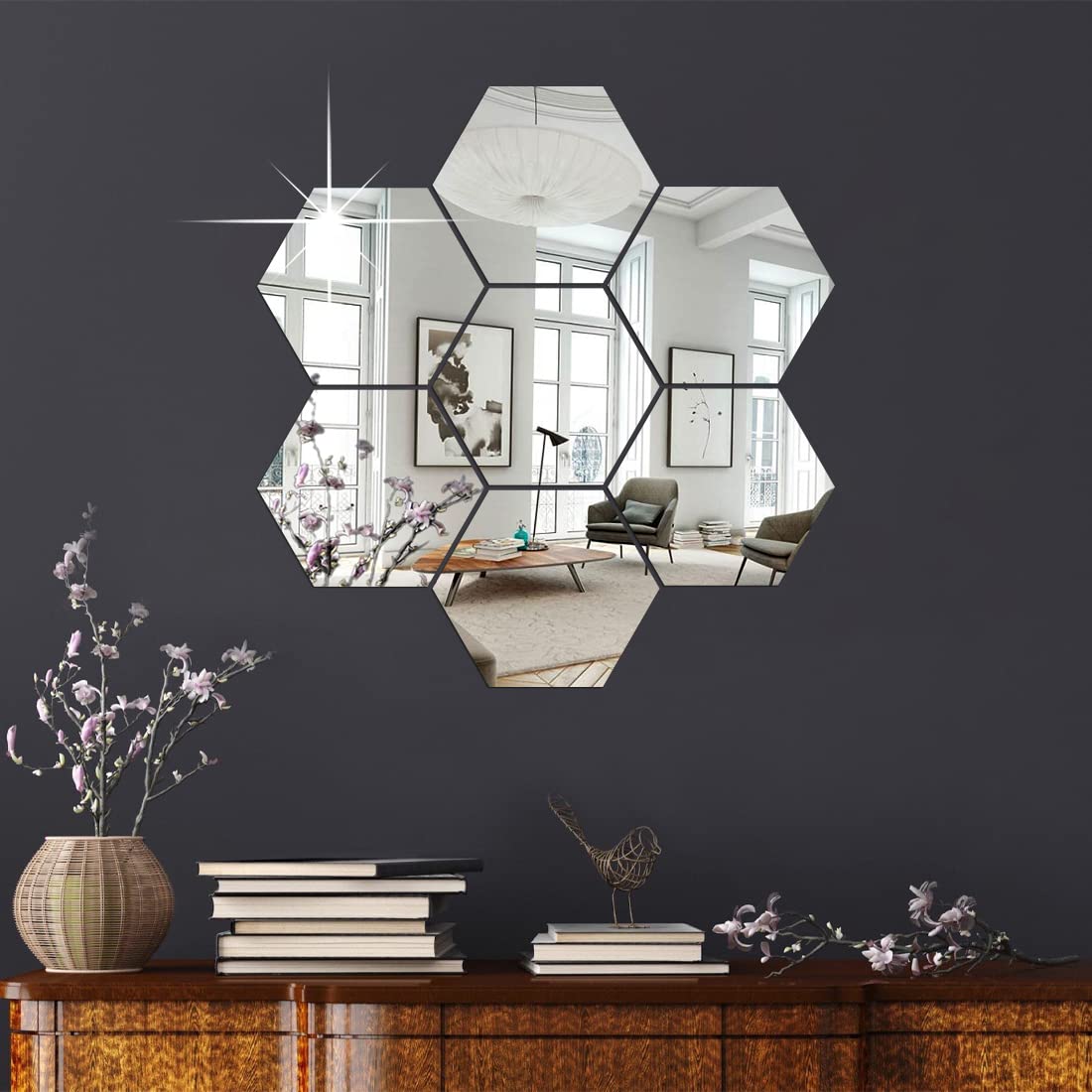 Bnezz Unframed -7 Hexagon Mirror Wall Stickers for Size (10.5X12.1) Cm Acrylic Bedroom Bathroom Kitchen Living Room Decoration Items (Pack of -C-7Hexasilver) Silver, Octagonal