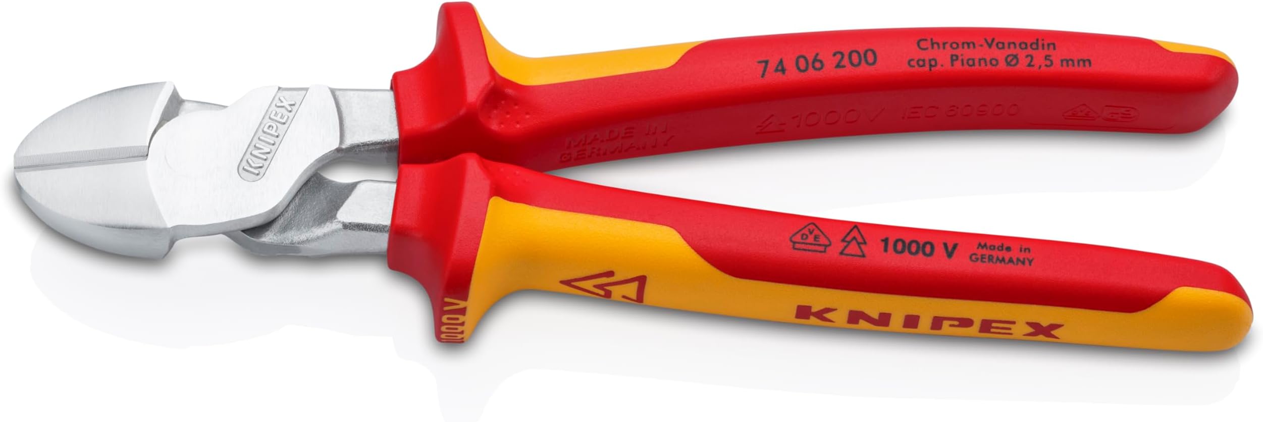 High Leverage Diagonal Cutter, Chrome-Plated, 200 mm, VDE, Chrome Vanadium Steel, Piano Wire, Precision Cutting, Side Cutters, 74 06 200