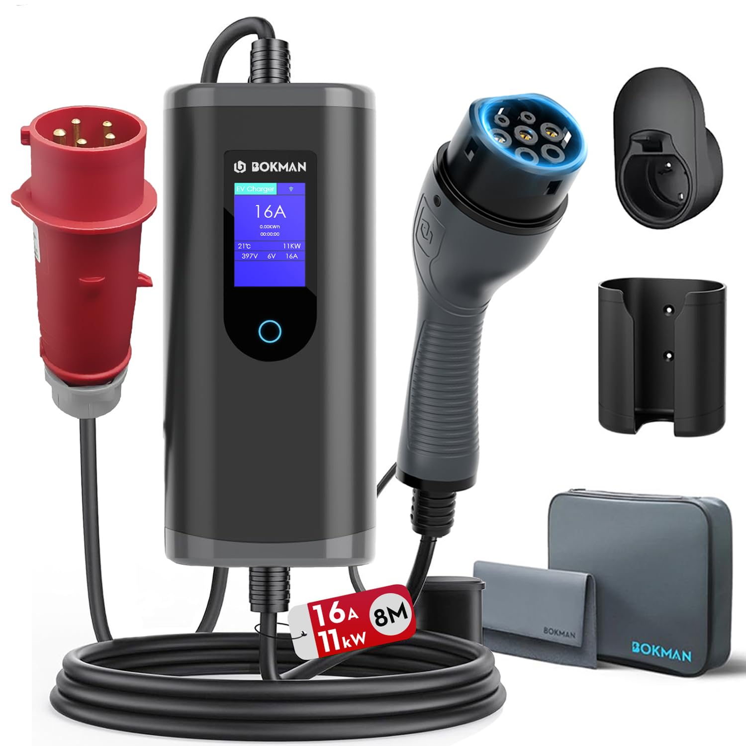 bokman Cavo di Ricarica da Tipo 2 5 Pin CEE, 8 Metri | 6-16A | 11kW | IP65 Impermeabile, Caricabatterie EV con Spina CEE per IEC 62196-2 e Borsa per Il Trasporto e Asciugamano in Microfibra