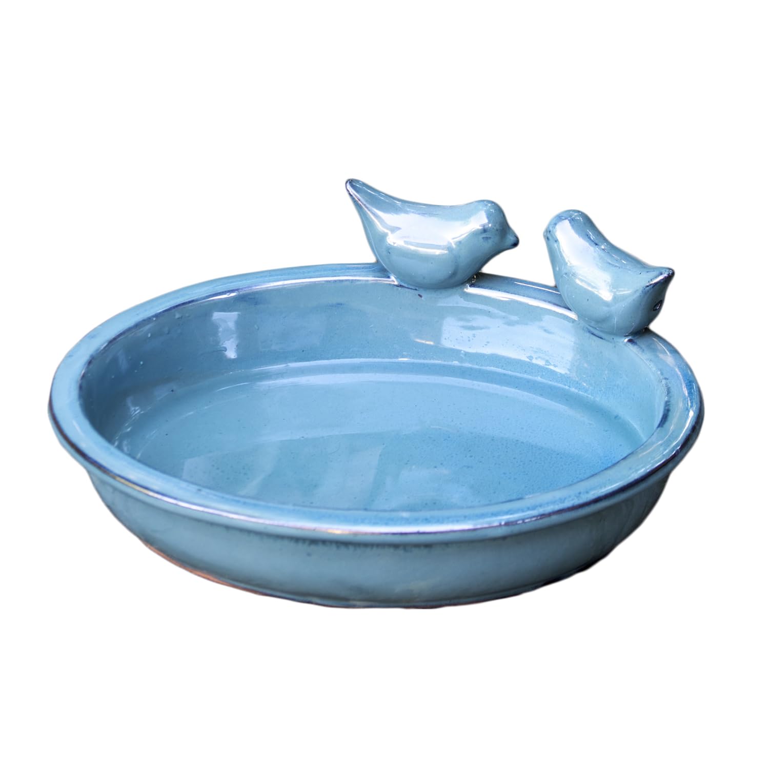 Oval Ceramic Bird Bath and Feeder Bowl, Glazed Finish, With 2 Perched Birds Detail, W31cm x D23cm x H11cm (Blue)