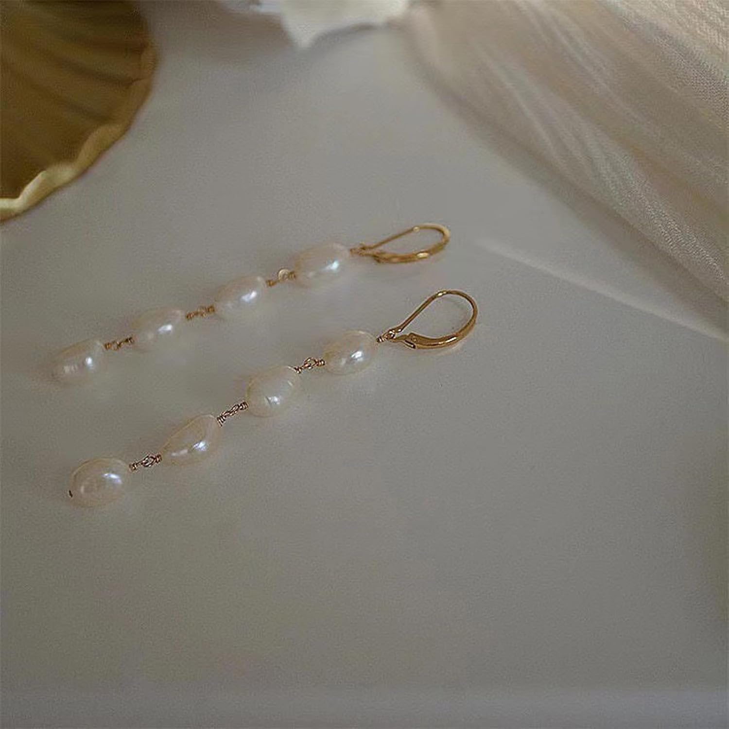 Pearl Earrings 14k Gold Plated Long Earrings Dangle Drop for Brides - Image 4