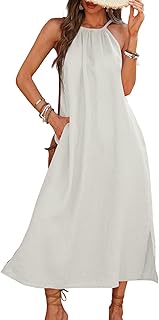 Women's Linen Midi Dress Halter 100% Linen Split Dresses with Pocket - Buy now