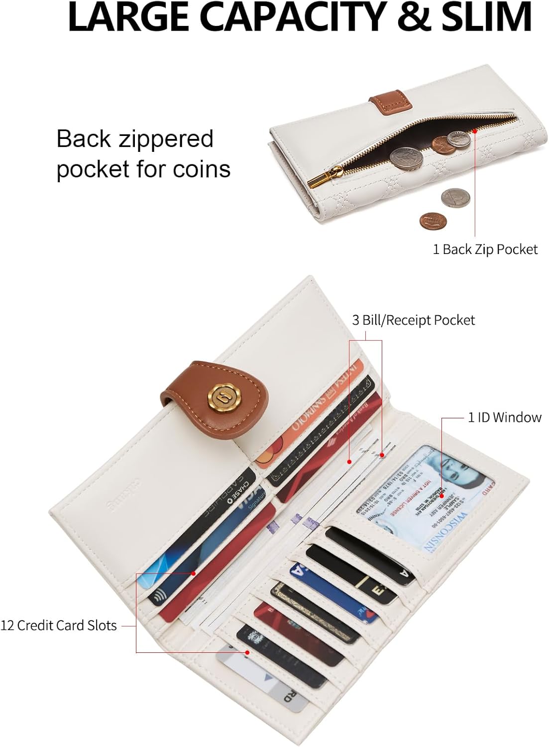 Slim Wallet Women Soft Leather RFID Blocking Credit Card Holder Bifold Thin Wallet with Zipper Coin Pocket White - Image 2