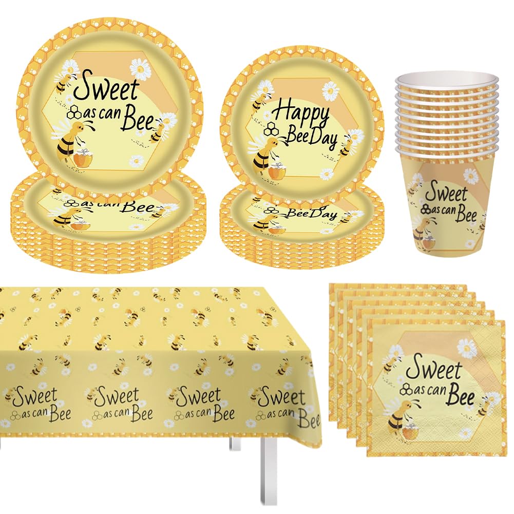 Bee Party Tableware Set, Bee Party Supplies, Plates, Cups, Tissues, Tablecloths,Floral Birthday Party Supplies-10 position