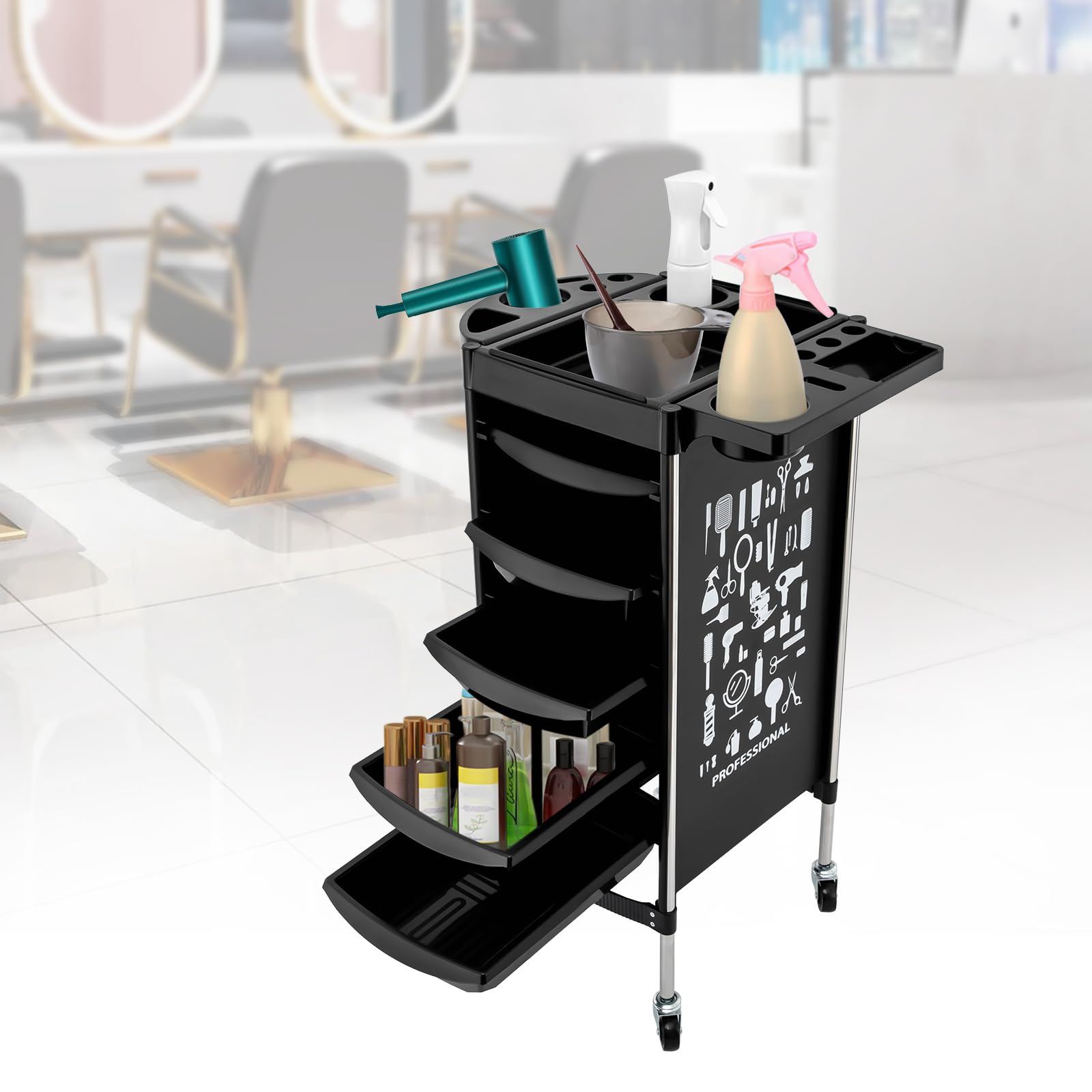 Carro de peluquería con ruedas para tatuajes, peluquería, carrito con cajones, estilista, peluquería, accesorios para salón de belleza, peluquería, SPA, salón de uñas, 52 x 36 x 90 cm (negro)