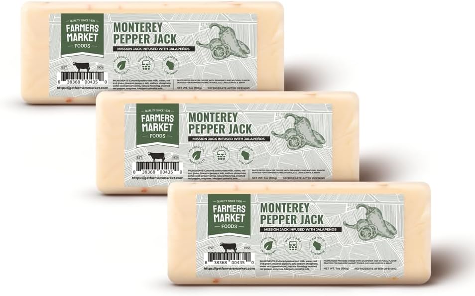 Farmers Market, Gluten Free, Keto, Paleo, Low Sodium, Zero Sugar, Wisconsin Cheese Gift Sets, 3-Pack, Monterey Pepper Jack
