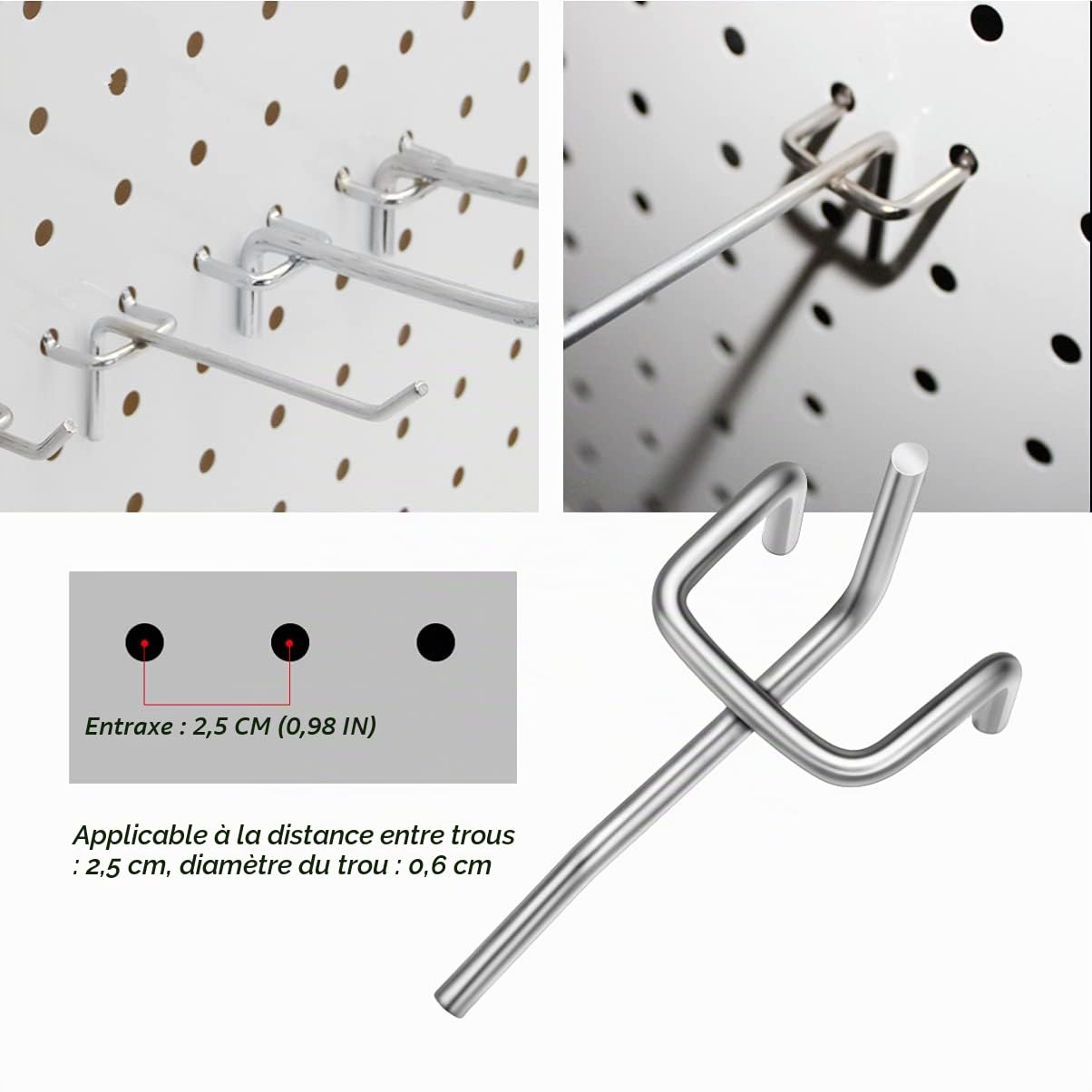 50 pcs Crochets pour panneaux perforés Crochets en métal pour Panneau perforé accessoires pour panneaux perforés crochets de garage Organisation doutils