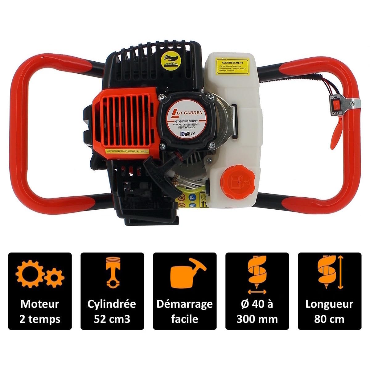 Tarière thermique 52 cm3, 3 CV + lot de 3 mèches (100, 200 et 300 mm)