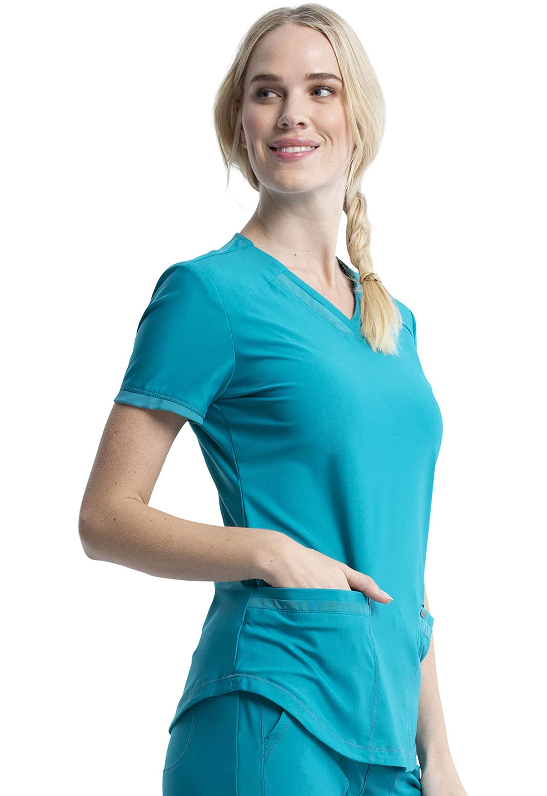 Cherokee Conjunto de uniforme médico para mujer, 7 bolsillos, cuello en V, dobladillo curvado CK840 y pantalón de pierna cónica de tiro medio CK095, azul caribeño, parte superior XXS y pantalón XS