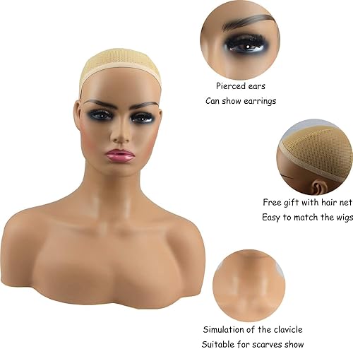 Miniatura 3 de Voloria Cabeza de maniquí femenina realista con maniquí de hombro, cabeza de PVC, busto de peluca, soporte para pelucas, peinado, gafas de sol,