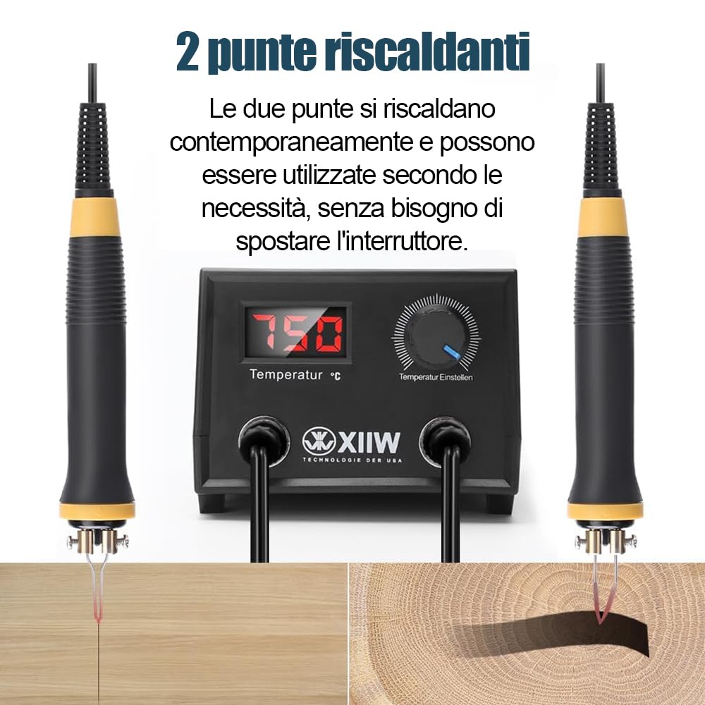 XIIW Kit Professionale Pirografo per Legno 100W con Doppia Penna, 23 Punte, Display LCD, Temperatura Regolabile 0-750°C, Strumento per Pirografia su Legno e Pelle