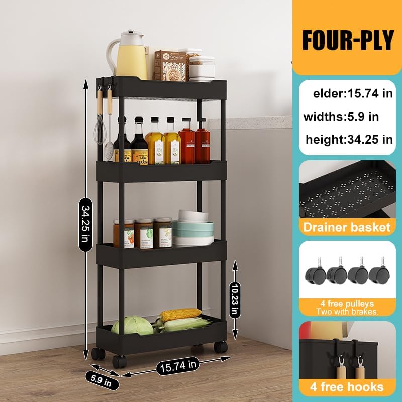 Slim Storage Cart 4 Tier，Bathroom cart，Bathroom Storage cart，Bathroom Organizers and Storage，Bathroom, Kitchen, Laundry Room，Narrow Space White