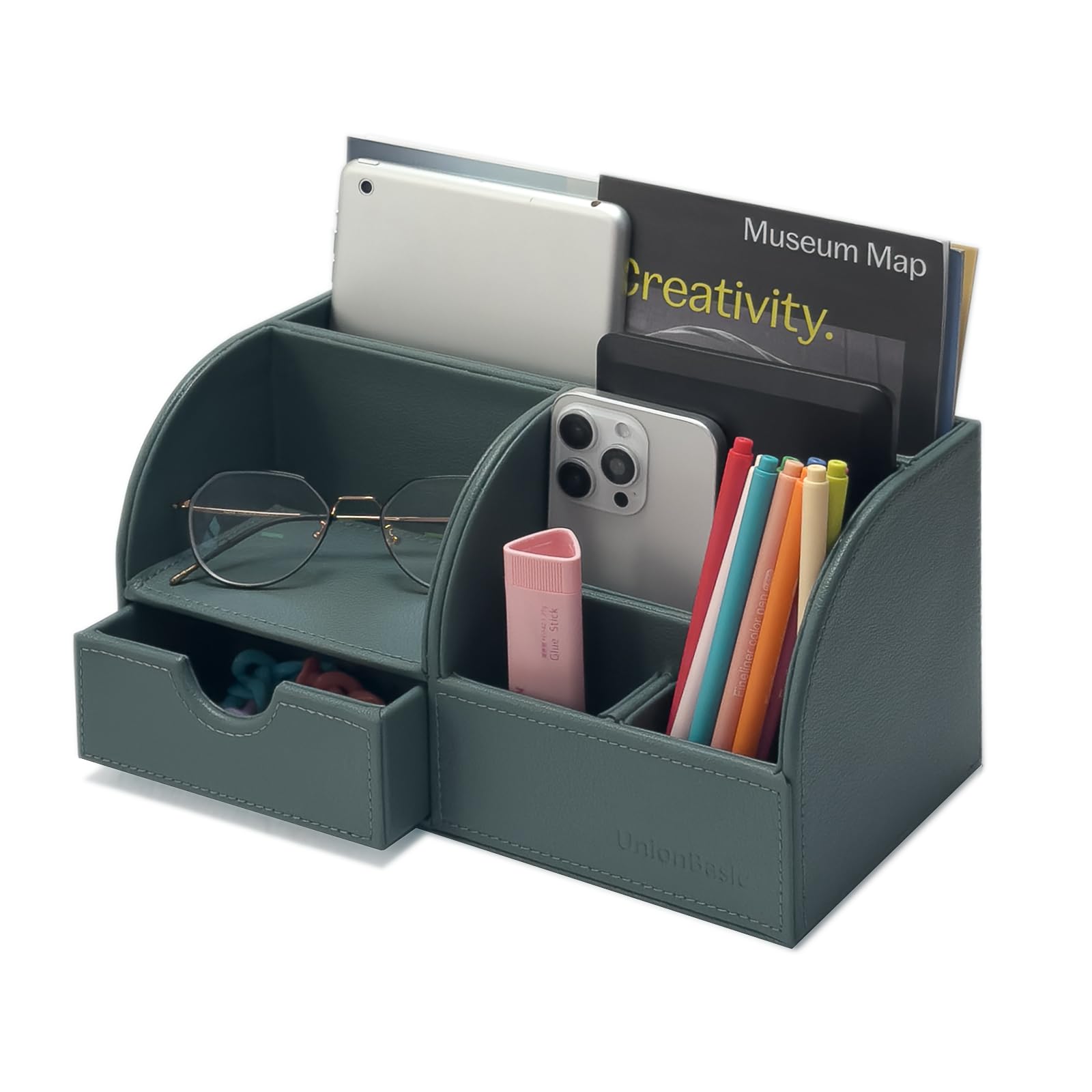 UnionBasicDesk Organizer - Multifunctional Leather Desktop Pen Holder Storage Box - Business Card/Pen/Pencil/Mobile Phone/Stationery Holder, Dark Ivy