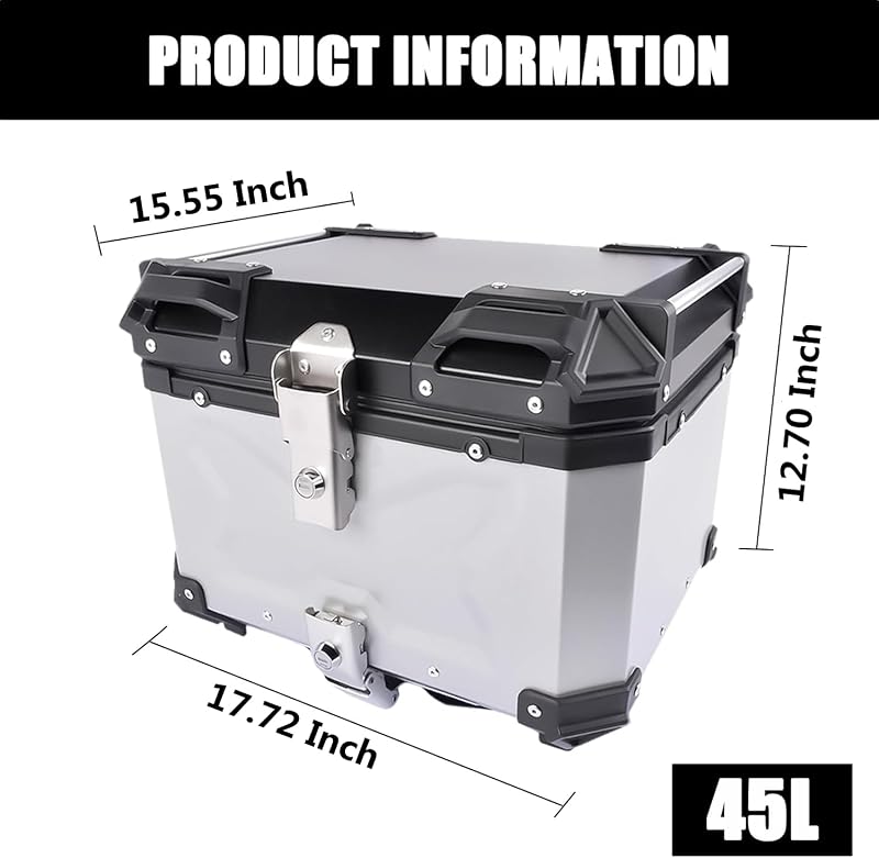 Bisenya 45L Alumínium Motorkerékpár Topcase Ezüst Vízálló Sisak Tárolóval - 45L, Silver