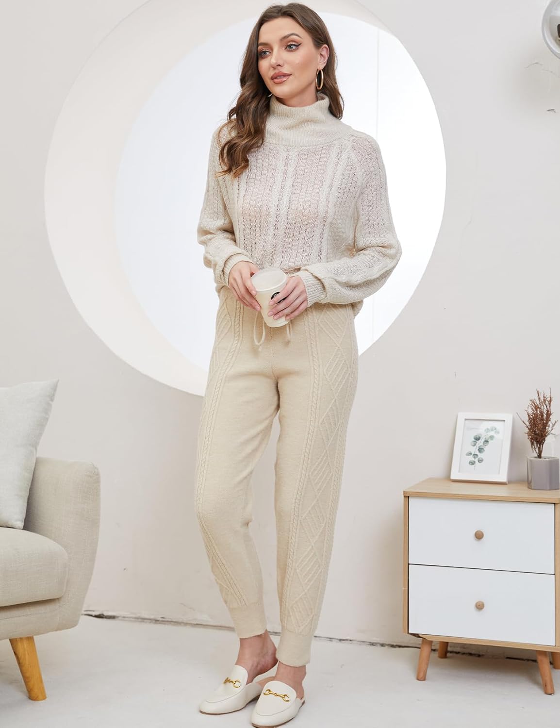 Gihuo Women' s Cable Knit Sweater Pants Long Harem Joggers with Elastic Waist - Image 3