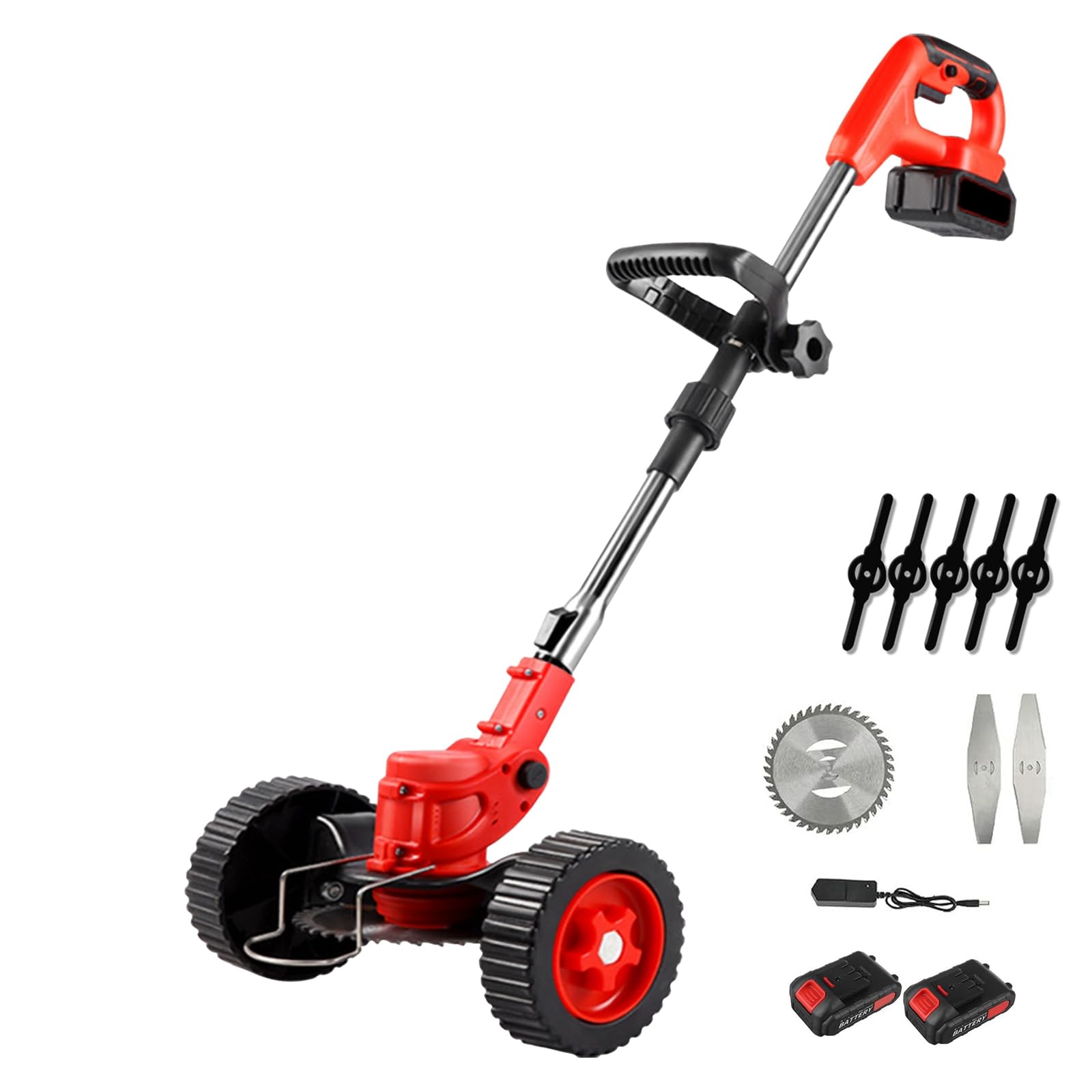 Decespugliatore elettrico senza fili, 21 V, taglio bordo senza fili, con 2 x 3000 mAh, batterie e 8 lame, 90 cm, manico telescopico, bordo con ruote, leggero e a basso rumore per giardino potatura