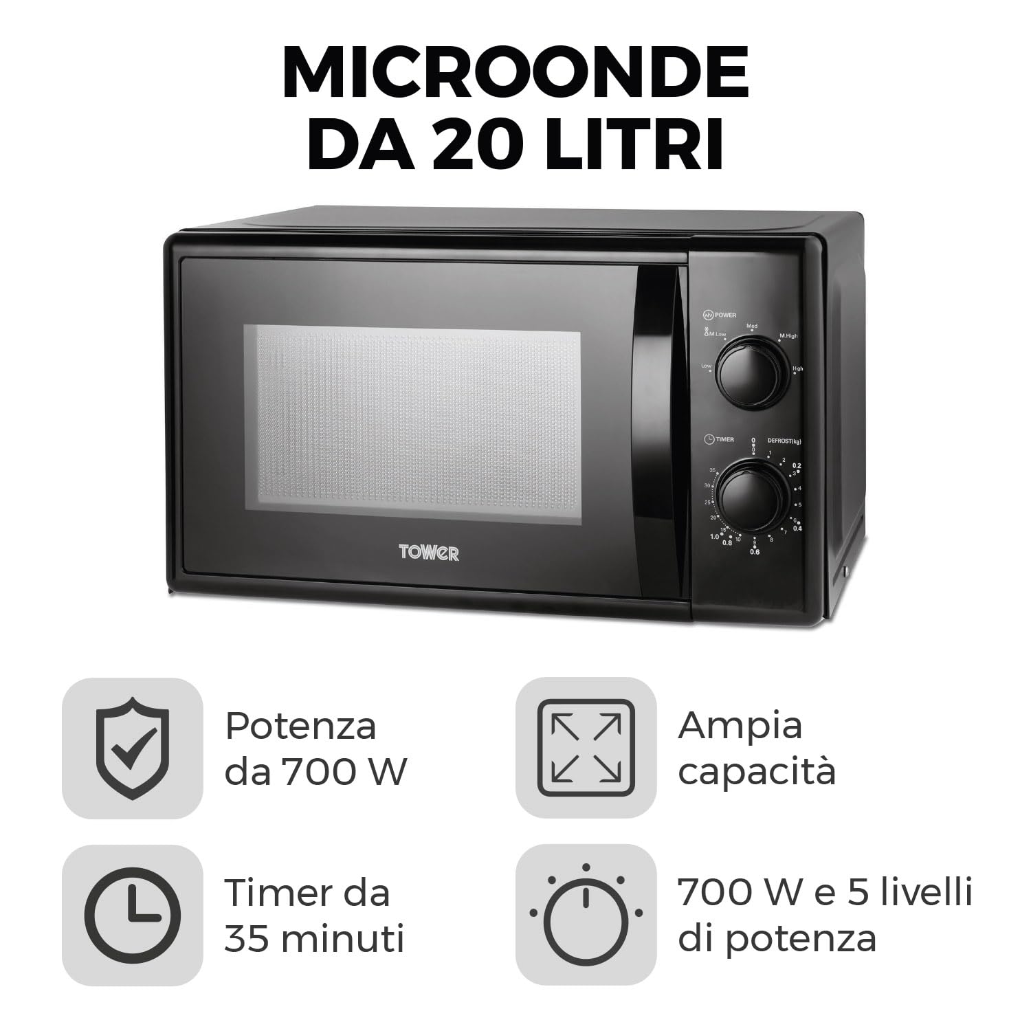 Tower T24034BLK Forno Microonde Manuale 700W da 20 litri, Forno a Microonde a 5 Livelli di Potenza e Timer di 35 Minuti, Elettrodomestici Cucina, Nero