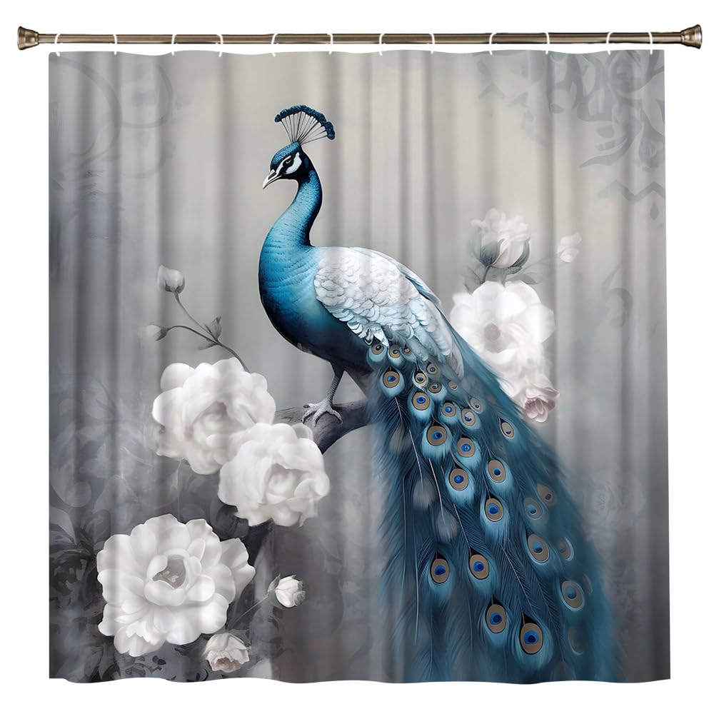 Cortina De Ducha Pavo Real Azul - Estampado Acuarela Flores, Poliéster 70x75 Pulgadas, Incluye Ganchos