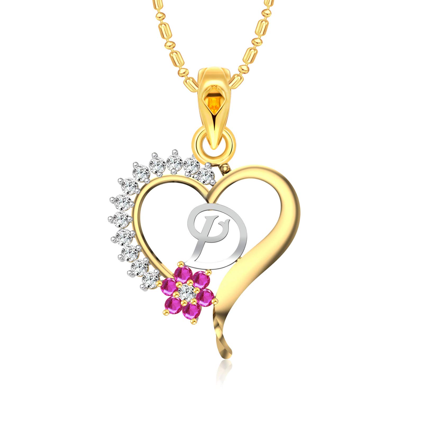 Valentine's Pink Flower Heart Initial D Letter CZ Gold and Rhodium Plated Alloy Pendant for Women and Girls-[VFJ1249PG]-image-26