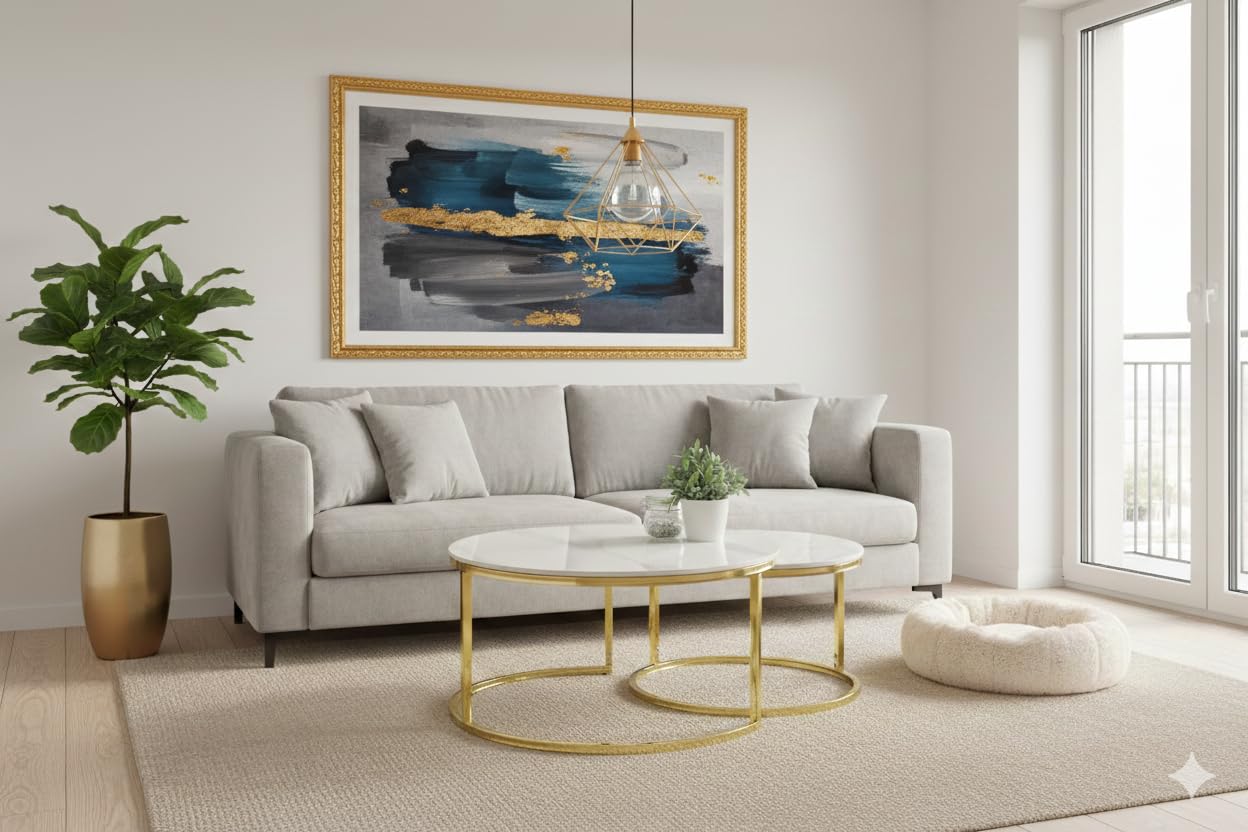 Hela Tische, 2er Set Couchtisch Wohnzimmertisch Joel, Rund, Sofatisch, Echtstein in Marmoroptik Glanz Weiß, Metallgestell Gold, Ø 80+Ø 60cm