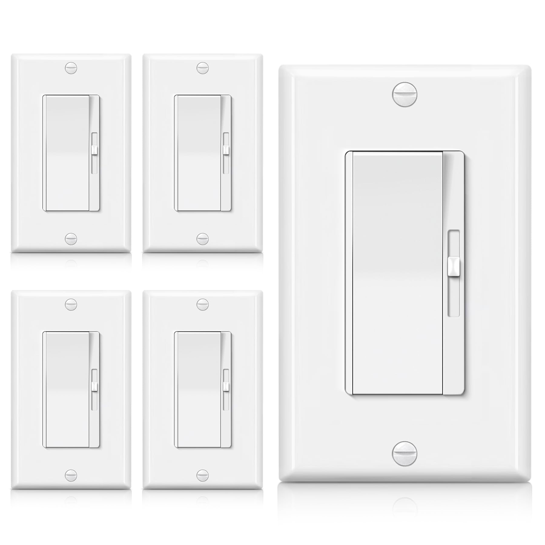 BESTTEN 5 Pack Super Slim Dimmer Light Switch for 300W Dimmable LED/CFL Lights and 600W Incandescent/Halogen, Single Pole/3-Way LED Slide Dimmer, Wall