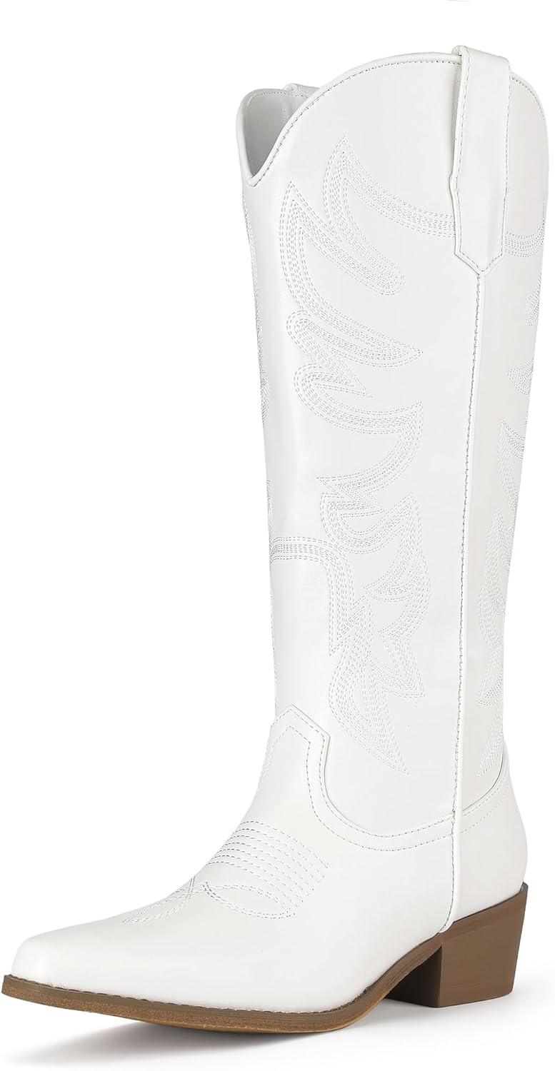IDIFU IN2 Cowboy Boots for Women Knee High Cowgirl Western Boot Wide Calf Pointed Toe Embroidered Chunky Low Heel Country Boot with Side Zipper Comfortable Classic Retro Dress Boots