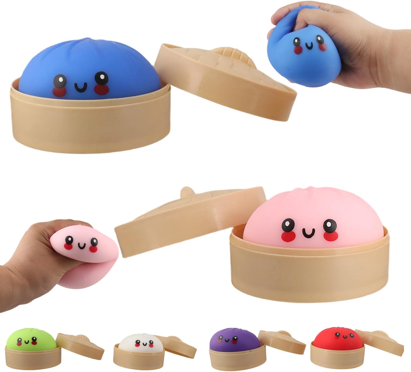 2pcs Random Color Dumpling Squishies,Mystery Dumpling Box,Colorful Dumplings Stress Balls Fidget Sensory Toy,Squeeze Dough Ball Stress Relief Hand Toys with Food Steamer Stretchy Toys