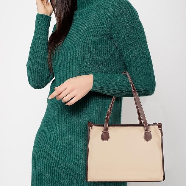 Image of KEALIN Women Stylish Cream Tote Bag with Double Chain Handles | Large Capacity Shoulder Handbag | PU Leather Office, Shopping & Travel Handbag for Women & Girls